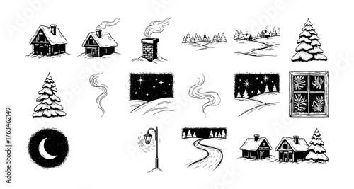 Hand-drawn winter scenes with snowy houses, trees, and frosty windows