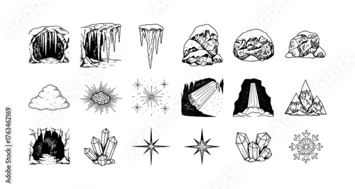 Hand-drawn elements of nature: caves, crystals, mountains, and snowflakes in detailed black and white