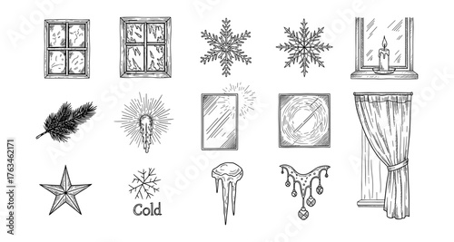 Rustic winter window elements with snowflakes and holiday decor