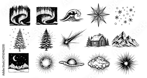 Winter nature sketch collection: trees, stars, and mountains in detailed ink styling