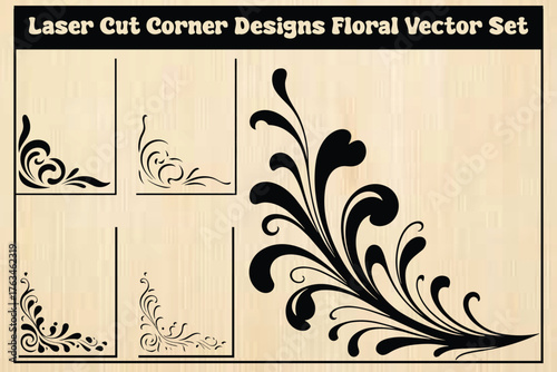 Decorative Corner Laser Cut Vector Set with Floral Swirls on Wood Background