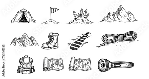 Hand-drawn camping adventure icons set for outdoor enthusiasts and nature explorers