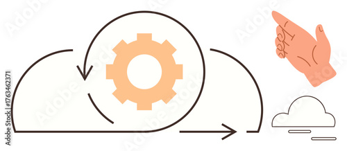 Gear in circular arrow within cloud represents automation and cloud processes. Hand gesture adds human interaction. Ideal for workflow, technology, SaaS, optimization, scalability. Minimalist flat