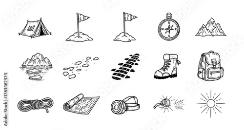 Camp adventure icons: hiking gear and navigation essentials in black and white