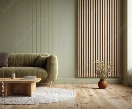 Interior scene with sofa, wooden accent wall, coffee table, rug, and vase of flowers