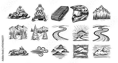 Winter adventure elements: snowmobile, helmet, mountains, and trails