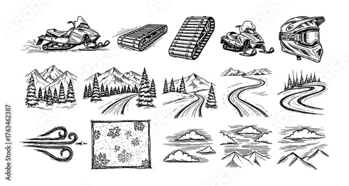 Hand drawn snowmobiling elements: snowmobile, helmet, tracks, winter landscapes, and scenic trails