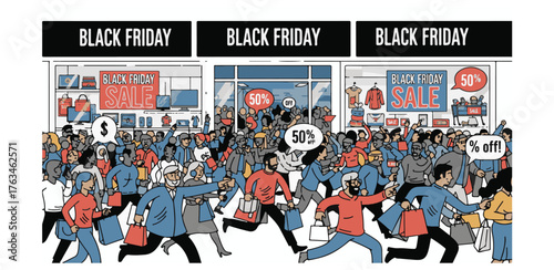 Crowd of shoppers rushing into a store on black friday