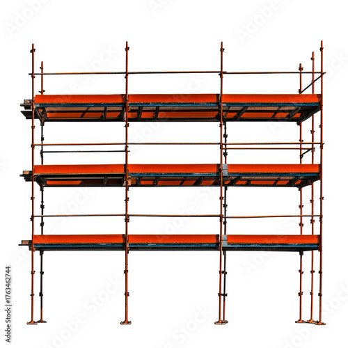 Construction scaffolding with orange platforms and metal poles, cut out transparent
