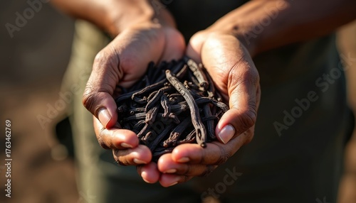 Fototapeta Naklejka Na Ścianę i Meble -  Hands hold dried vanilla beans. Dark brown spices in farmers palms. Aroma fragrance concept. Crop of flavoring pods for culinary use. Agriculture harvest spice from earth premium quality.
