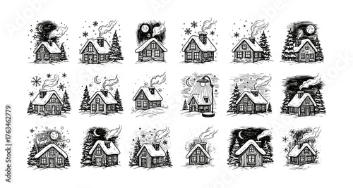 Charming hand drawn winter cabins in snowy landscapes with detailed black and white illustrations