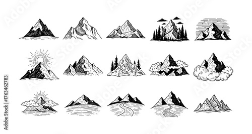 Collection of hand drawn mountain designs with clouds and sun elements