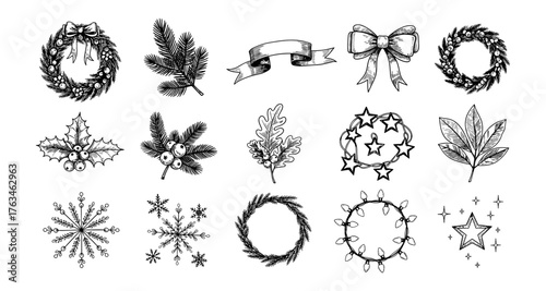 Elegant hand drawn christmas elements: wreaths, bows, and snowflakes for festive decor