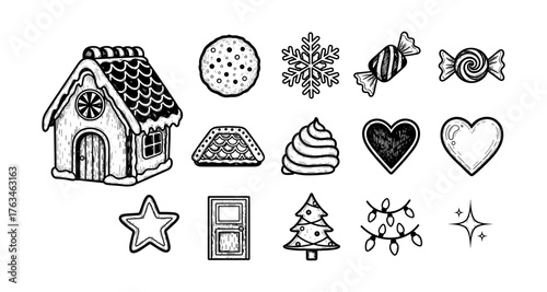 Hand drawn christmas gingerbread house and cookie decorations set