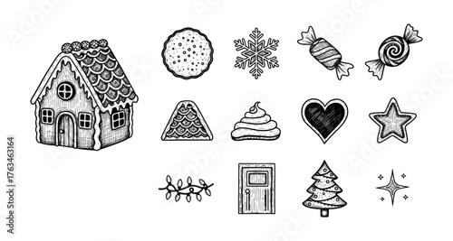 Hand-drawn festive christmas elements with gingerbread house and holiday icons