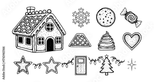 Hand drawn gingerbread house and festive holiday treats with christmas decorations
