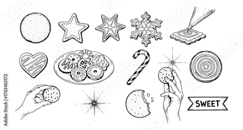 Hand drawn christmas cookies and baking elements with festive designs