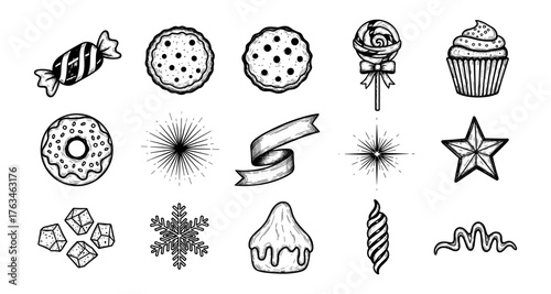 Hand drawn sweets and bakery icons with stars and ribbons in black and white