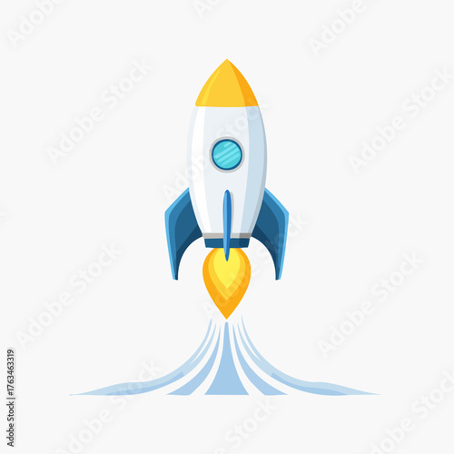 Rocket ship launching into space with fire and smoke.