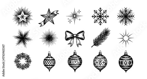 Hand drawn holiday decoration set with stars, ornaments, and snowflakes
