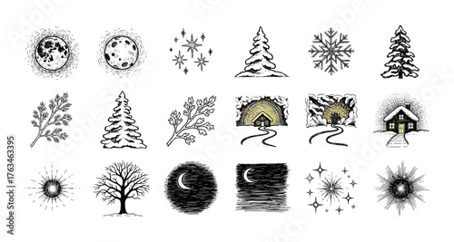 Rustic winter scenes in hand-drawn black and white art style