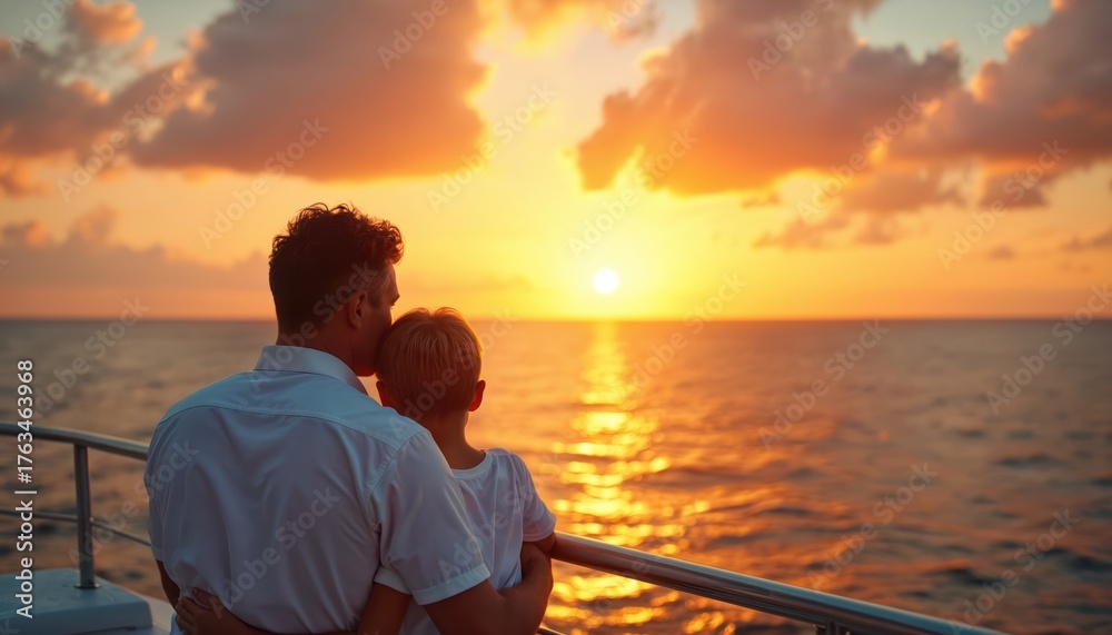 Fototapeta premium Father hugs son watching bright sun setting over ocean waves from cruise ship deck. Warm sky, golden light reflects on sea surface. Peaceful family moment, travel vacation.