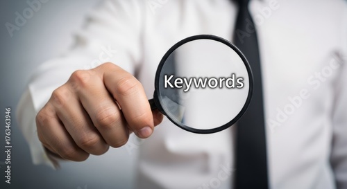 Discovering valuable keywords with a magnifying glass while wearing a shirt and black tie