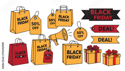Black friday shopping bags gifts and sale tags illustration