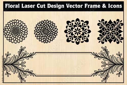 Floral Laser Cut Vector Set with Ornamental Frame on Wood Background