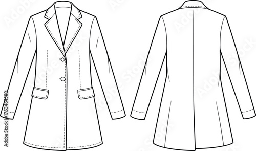 Tailored coat fashion illustration, structured outerwear design, notched lapel collar, flap pockets, two-button closure, garment construction drawing, apparel vector template