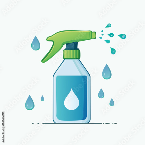 Spray bottle illustration with water droplets, cleaning concept.
