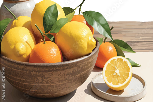Citrus fruits in a rustic earthenware bowl illustration