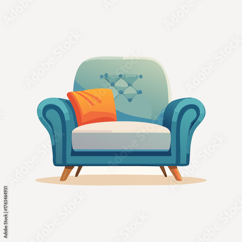 Stylish blue armchair with orange pillow, perfect for relaxation.