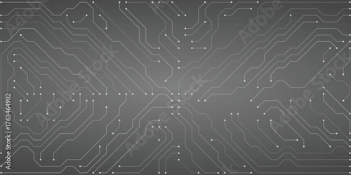 Detailed abstract circuit board graphic with light gray intersecting lines and white nodes on a gradient gray background, representing technology and data flow