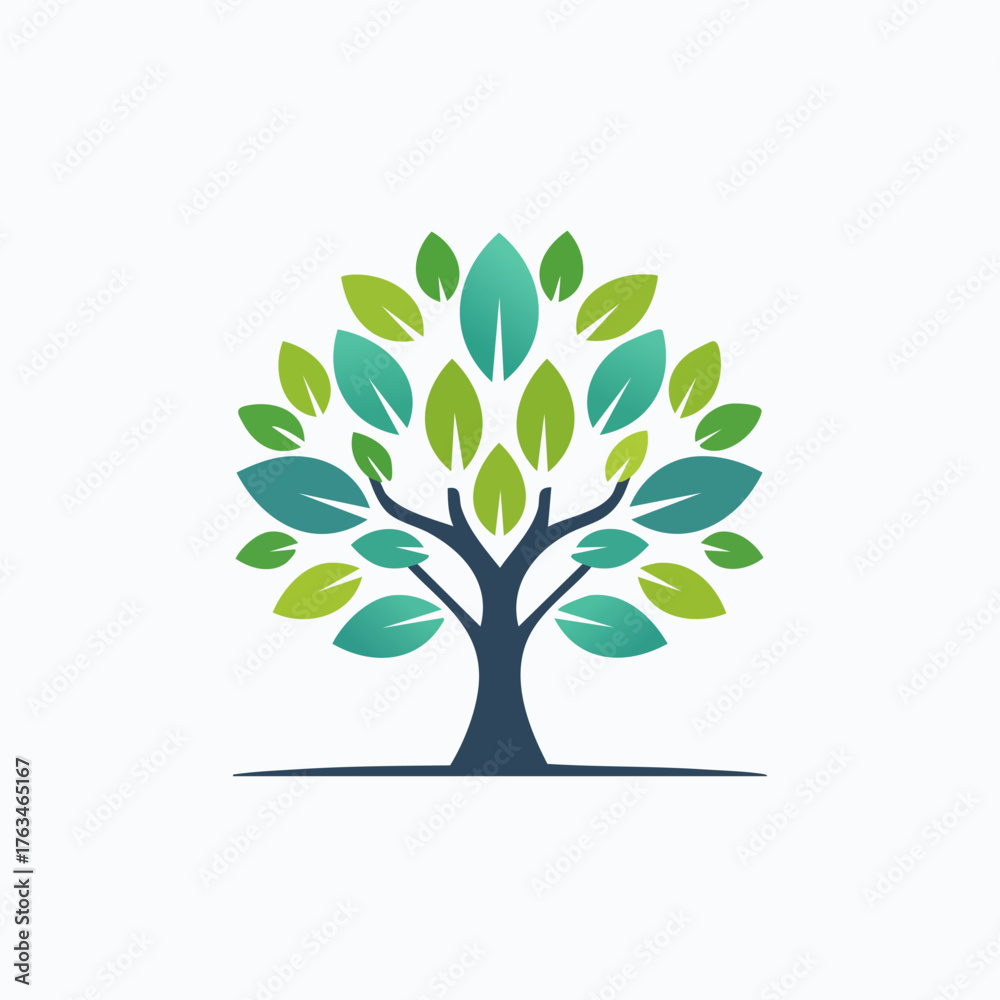 Fototapeta premium Stylized Tree with Green and Blue Leaves Illustration.