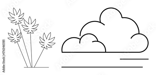 Palm trees sway beside a fluffy cloud over horizontal lines representing ground or horizon. Ideal for nature scenes, tropical themes, travel, relaxation, minimalism, simplicity, flat design concepts