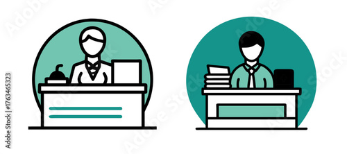 Male notary at desk icon set