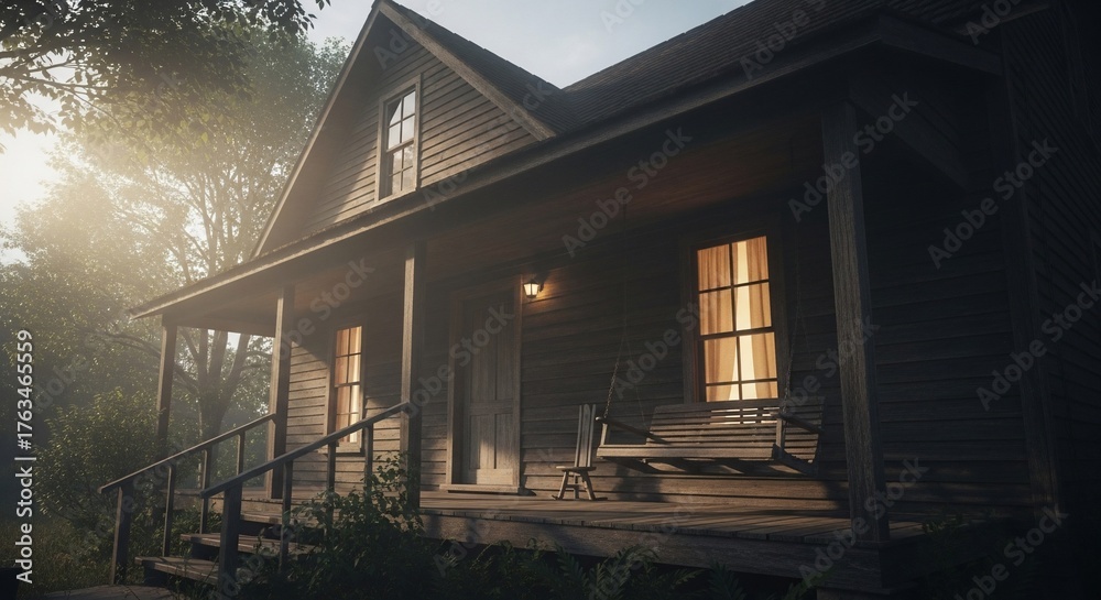 Obraz premium Tranquil home exterior with porch and rustic charm