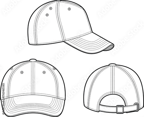 Baseball cap vector illustration, side and back views with curved brim, panel stitching and adjustable strap, fashion CAD flat sketch
