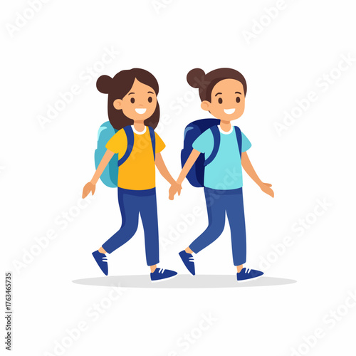 Two young girls walking together to school with backpacks.