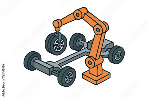 Industrial robotic arm assembling tires on vehicle chassis in isometric design