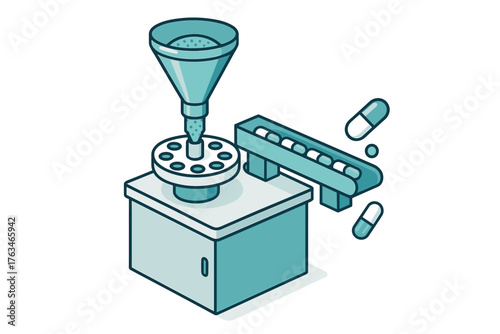 Isometric pill manufacturing process with capsule conveyor and filling mechanism