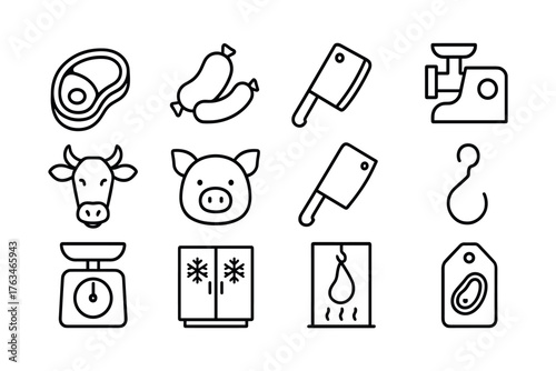 Butchery line art icons: meat processing and tools