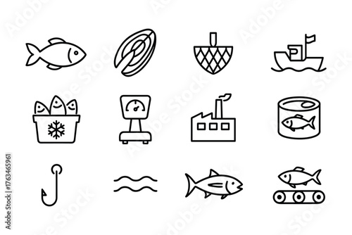 Seafood industry icon set: fish, processing, fishing boat, aquatic life, production