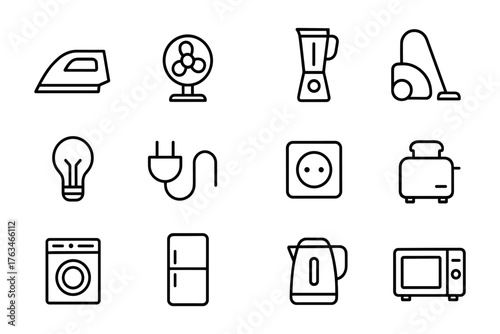 Essential home appliances icons in minimalistic linear style for modern design
