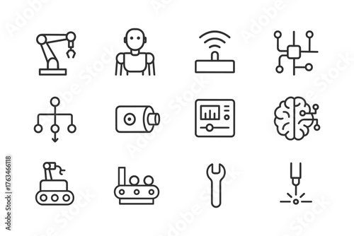 Industrial technology icons: robotics, ai, and automation in modern line art
