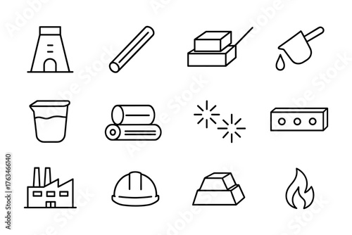 Industrial icons set: simple linear symbols of manufacturing and construction elements