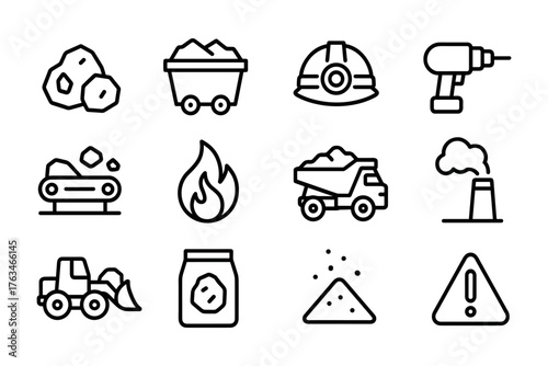 Mining industry icons: equipment, safety, and extraction in modern line art style