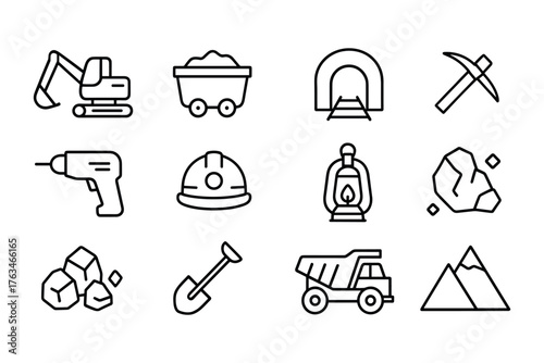 Mining icon set: tools, machinery, and resources in linear style