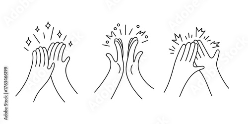 Hands giving high five with sparkle effect doodle line set. Hand clap, applause. Outline hand drawn icons for applause gesture and teamwork success concept. Vector illustration